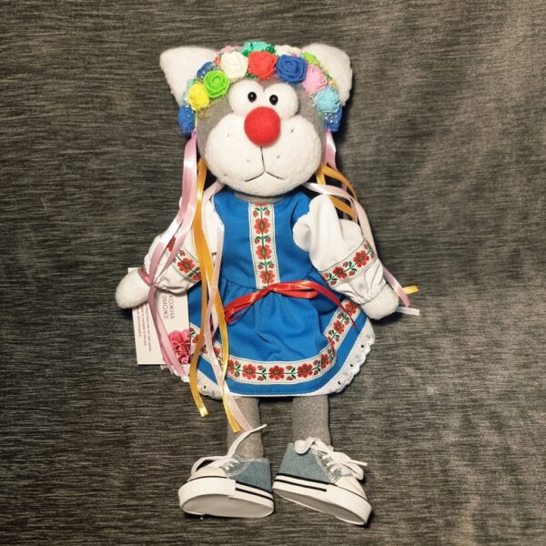 Текстильний котик маленький у блакитному платті