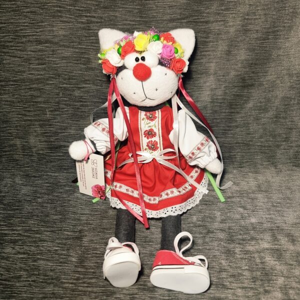 Текстильний котик маленький у червоному платті